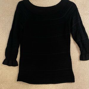 White House Black Market Black Crew Neck Sweater with Ruffled Sleeves